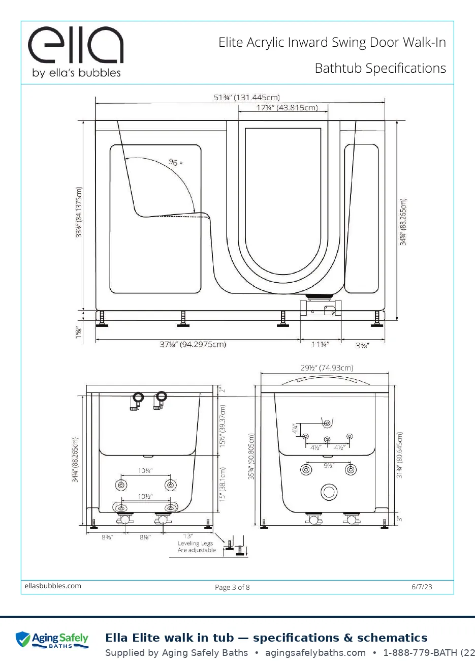 Ella's Bubbles Elite walk in tub factory schematic page 2: front, side and end elevations with every dimension