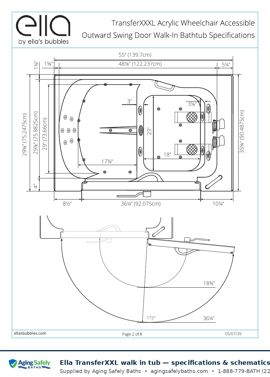 Ella's Bubbles TransferXXL walk in tub factory schematic page 1: top view with door swing with every dimension