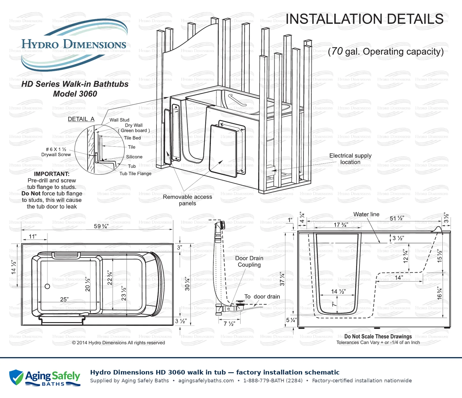 Hydro Dimensions 3060 walk in tub factory installation schematic: top view, side view and end view with every dimension